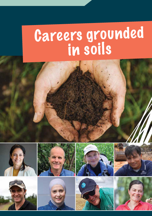 Careers Grounded in Soils booklet cover showing hands holding soil and 8 headshots along the bottom | Featured Image for Educational resources page by TERN.