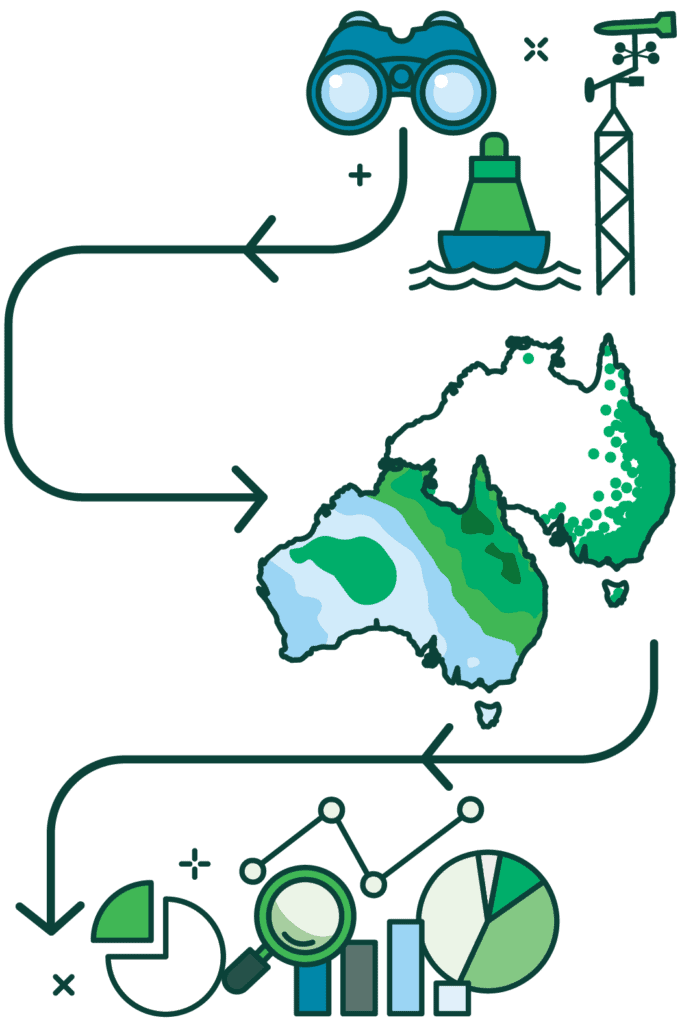 Infographic depicting the flow of research | Featured Image for Delivering Data to Improve Reporting on Australia's Environment page by TERN.